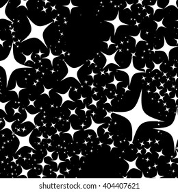 Random, scattered 4-pointed stars placed densely. Monochrome pattern / background, decoration template