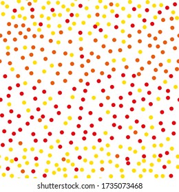 Random scattered dots, abstract yellow, orange and red circles. Seamless vector pattern.  Abstract endless texture, design element for  textile, banner, fabric, wallpaper, decoration, digital