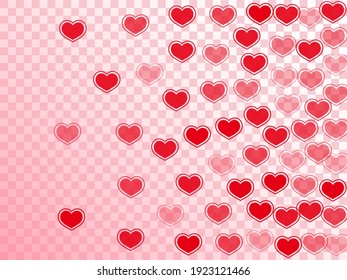 Random scattered hearts confetti valentine background. Romantic invitation card backdrop. Framed hearts love emotion symbols isolated on white background. Valentine's day simple decor.