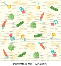 Random scattered vegetables, abstract line background. Seamless vector pattern. Vegetables are growing pattern. Celebration confetti background.