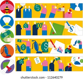 A random scenario with icons and people engaged in various transactions and activities