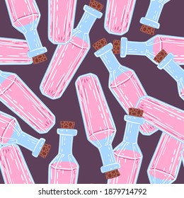 Random science seamless pattern with pink and blue colored bottle ornament. Purple background. Designed for fabric design, textile print, wrapping, cover. Vector illustration