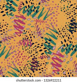 Random Scribble Pattern With Irregular Watercolor Brush Strokes.  Vector Seamless Scribble Pattern. Hand Drawn Chevron Lines Spots. Amber Dynamic Brush Paint Repeat. Watercolor Organic Shapes
