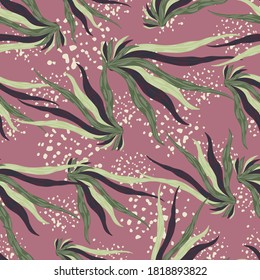Random sea seamless pattern with underwater seaweed ornament. Green ocean foliage on purple background with splashes. Great for wallpaper, textile, wrapping paper, fabric print. Vector illustration.