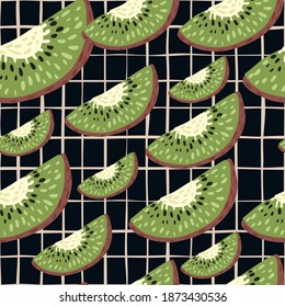 Random seamless abstract pattern with green kiwi slices elements. Black chequered background. Designed for fabric design, textile print, wrapping, cover. Vector illustration.