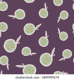 Random seamless abstract pattern with pastel green apples elements. Purple background. Simple design. Stock illustration. Vector design for textile, fabric, giftwrap, wallpapers.