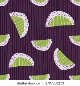 Random seamless abstract slices pattern. Hand drawn fruit shapes in green light tones on purple stripped background. Designed for wallpaper, textile, wrapping paper, fabric print. Vector illustration.