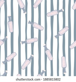 Random seamless alchemy pattern with little flask ornament. Striped background. Designed for fabric design, textile print, wrapping, cover. Vector illustration