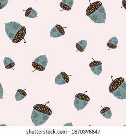 Random seamless autumn pattern with blue creative acorns. Doodle cartoon silhouettes on light background. Flat vector print for textile, fabric, giftwrap, wallpapers. Endless illustration.