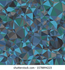 Random seamless blue, green, and gray triangle pattern. Techno pop geo angles graphic. Funky indigo infinite mess. Repeat vector swatch.