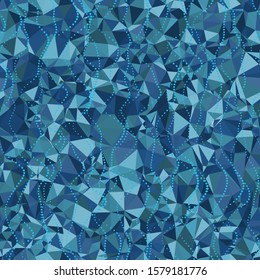 Random seamless blue triangle water wave pattern. Techno pop geo angles graphic. Funky indigo infinite mess. Repeat vector swatch.