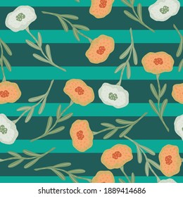 Random seamless botanic pattern with white and orange flowers. Blue striped background. Flat vector print for textile, fabric, giftwrap, wallpapers. Endless illustration.