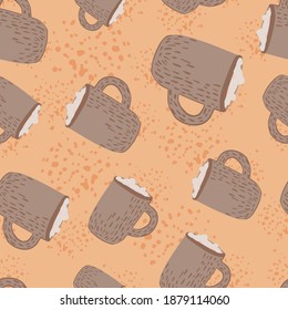 Random seamless cartoon pattern with flat hot chocolate with marshmallow silhouettes. Beige background with splashes. Great for fabric design, textile print, wrapping, cover. Vector illustration