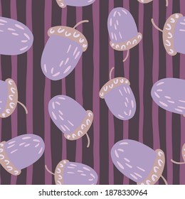 Random seamless chestnut patten in cartoon style. Purple light ornament. Striped background. Designed for fabric design, textile print, wrapping, cover. Vector illustration.