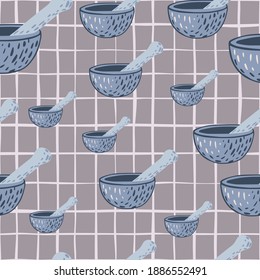 Random seamless cooking pattern with mortar and pestle silhouettes. Grey chequered background. Perfect for wallpaper, textile, wrapping paper, fabric print. Vector illustration.