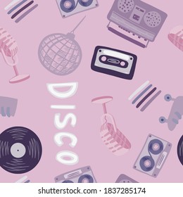 Random seamless disco pattern with ball, microphone, rollers, cassette, tape recorder, vinyl, record sornament. Purple and lilac palette creative print. Designed for fabric design. Vector illustration