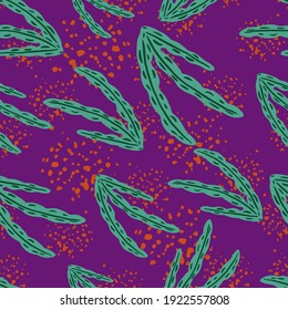 Random seamless doodle pattern with abstract bright green seaweed foliage shapes. Purple background with splashes. Perfect for fabric design, textile print, wrapping, cover. Vector illustration.