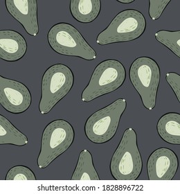 Random seamless doodle pattern with avocado half shapes. Pale purple background and grey fruits silhouettes. Designed for wallpaper, textile, wrapping paper, fabric print. Vector illustration.