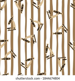 Random seamless doodle pattern with beige microscope silhouettes. Striped background with white and brown lines. Backdrop for wallpaper, textile, wrapping paper, fabric print. Vector illustration.