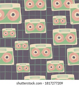 Random seamless doodle pattern with cassette simple print. Pink pastel ornament on purple chequered background. Backdrop for wallpaper, textile, wrapping paper, fabric print. Vector illustration.