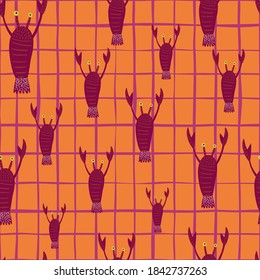 Random seamless doodle pattern with dark pink lobster ornament. Orange bright chequered background. Great for fabric design, textile print, wrapping, cover. Vector illustration.