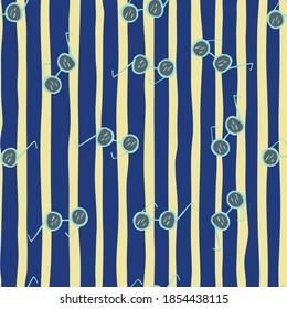 Random seamless doodle pattern with glasses hipster silhouettes. Yellow and navy blue striped background. Great for fabric design, textile print, wrapping, cover. Vector illustration.