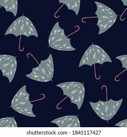 Random seamless doodle pattern with grey umbrella folk ornament. Navy blue dark ornament. Designed for fabric design, textile print, wrapping, cover. Vector illustration.