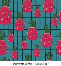 Random seamless doodle pattern with hand drawn pink pitahaya ornament on blue chequered background. Designed for fabric design, textile print, wrapping, cover. Vector illustration.