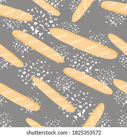 Random seamless doodle pattern with orange colored baguettes ornament. Grey background with flour. Perfect for fabric design, textile print, wrapping, cover. Vector illustration.
