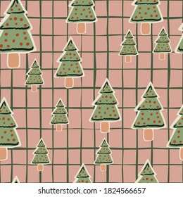 Random seamless doodle pattern with stylized winter cookies fir tree shapes. Green tasty ornament on pink chequered background. For wallpaper, textile, wrapping, fabric print. Vector illustration