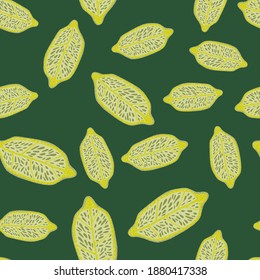 Random seamless doodle pattern with yellow lemons ornament. Green background. Vector illustration for seasonal textile prints, fabric, banners, backdrops and wallpapers.