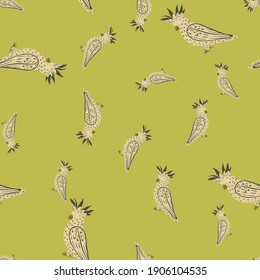 Random seamless doodle zoo pattern with grey contoured cockatoo parrot shapes. Light green background. Flat vector print for textile, fabric, giftwrap, wallpapers. Endless illustration.