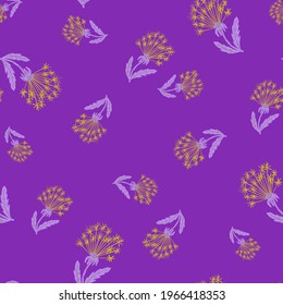 Random seamless field pattern with orange dandelion doodle print. Purple background. Natural style. Great for fabric design, textile print, wrapping, cover. Vector illustration.