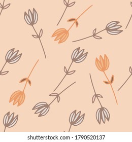 Random seamless floral pattern with contoured flowers in orange and grey tones. Soft light pink background. For wallpaper, wrapping paper, textile print, fabric. Vector illustration.