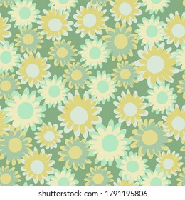 Random seamless floral pattern with daisy flowers. Green and yellow botanic elements. Creative design. Designed for textile, wrapping paper, fabric print. Vector illustration.