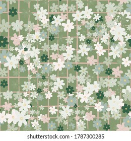 Random seamless floral pattern with little flowers on green background with check. Creative print in pink, white and pastel olive colors. For wallpaper, textile, wrapping paper, fabric print. Vector