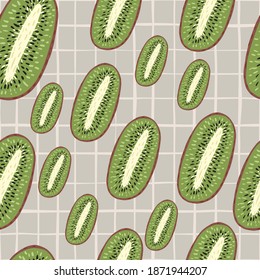 Random seamless food pattern with healthy kiwi green shapes. Grey chequered background. Designed for fabric design, textile print, wrapping, cover. Vector illustration.