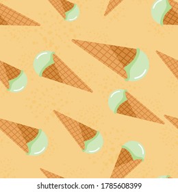 Random seamless food pattern with ice cream. Orange background. Simple wallpaper. Perfect for wrapping paper, textile print and fabric. Vector illustration.