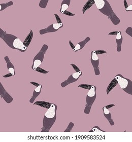 Random seamless funny kids pattern with toucan bird, zoo ornament. Pastel purple palette. Exotic animal print. Flat vector print for textile, fabric, gift wrap, wallpapers. Endless illustration.