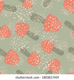 Patrón aleatorio de hongos dibujados a mano sin fisuras. Siluetas simples de amanitas rojas sobre fondo gris con salpicaduras. Excelente para papel de pared, textil, papel envolvente, impresión de tela. Ilustración vectorial.