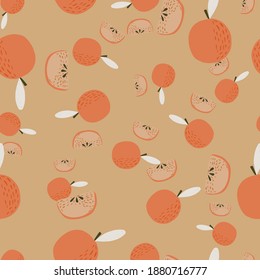 Patrón de huerto aleatorio sin fisuras con adorno de manzana roja. Fondo beige. Diseño gráfico para envolver texturas de papel y tela. Ilustración vectorial.