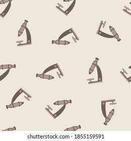 Random seamless minimalistic pattern with simple microscope silhouettes. Grey and beige pale palette artwork. Backdrop for wallpaper, textile, wrapping paper, fabric print. Vector illustration.