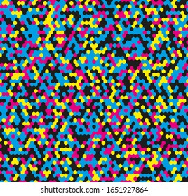 Patrón aleatorio de mosaico sin fisuras en colores CMYK. El fondo está formado por hexágonos multicolores. Archivo vectorial EPS10
