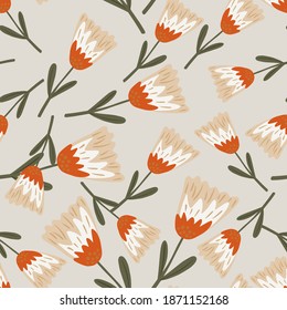 Random seamless nature pattern with botanical beige and red tones flower silhouettes. Grey background. Stock illustration. Vector design for textile, fabric, giftwrap, wallpapers.