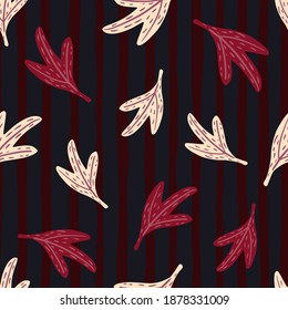 Random seamless nature pattern with light and pink colored leaves. Dark striped background. Great for fabric design, textile print, wrapping, cover. Vector illustration.