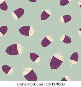 Random seamless nature pattern with purple and white colores acorn shapes. Light pastel background. Graphic design for wrapping paper and fabric textures. Vector Illustration.