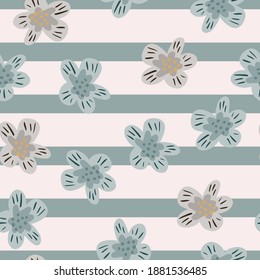 Random seamless nature pattern with simple flower elements in blue and beige colors on striped background. Flat vector print for textile, fabric, giftwrap, wallpapers. Endless illustration.