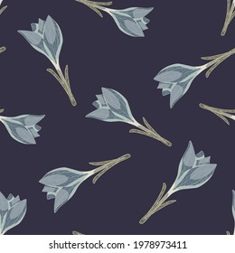 Random seamless nature pattern with simple crocus flower shapes. Blue palette artwork. Floral backdrop. Vector illustration for seasonal textile prints, fabric, banners, backdrops and wallpapers.