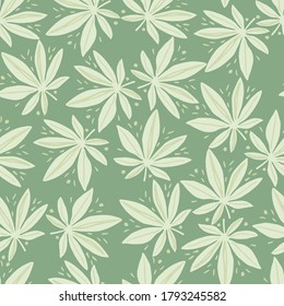 Patrón aleatorio sin fisuras con hojas de marihuana. Elementos medicinales de color claro sobre fondo verde pastel. Diseñado para papel pintado, textil, papel envolvente, impresión de tela. Ilustración vectorial.