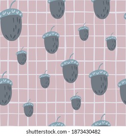 Random nahtlose Patten mit graufarbenen Ahornformen. Blasslila Hintergrund mit Scheck. Entworfen für Stoffdesign, Stoffdruck, Umhüllung, Abdeckung. Vektorgrafik.